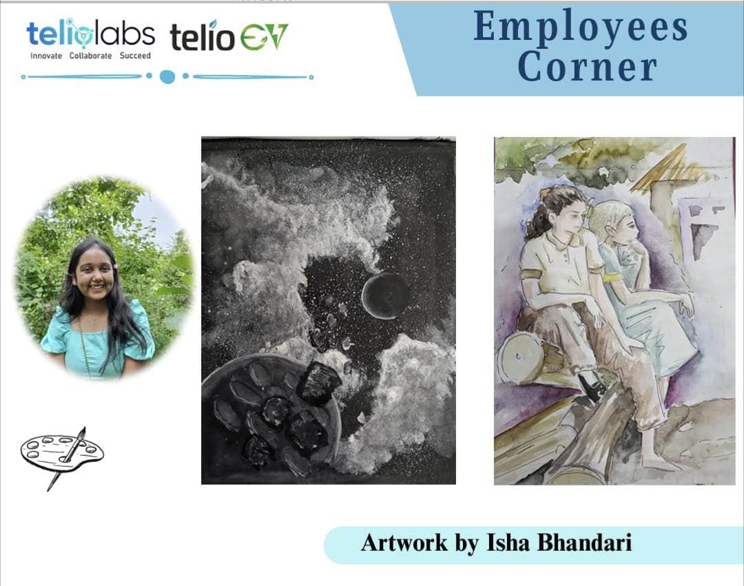 TelioLabs company magazine 'Employees Corner' page featuring Isha Bhandari's photo and two of her artworks